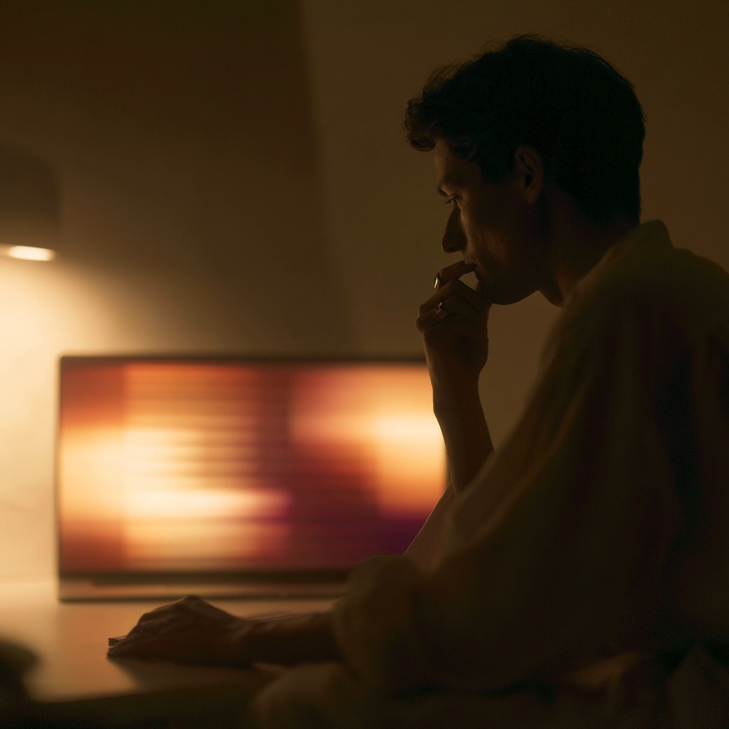 A person quietly speaking into a ring while working at a laptop